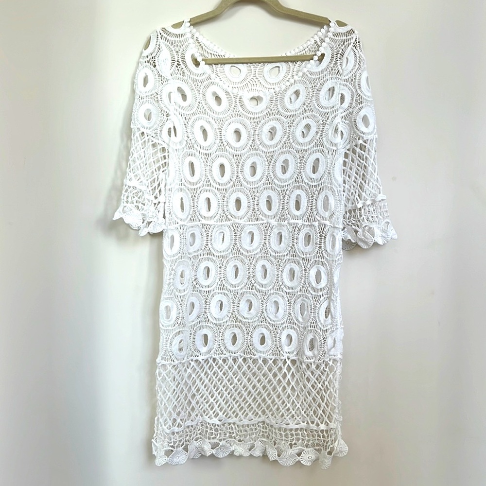 1970s white Italian crocheted dress with bell sleeves